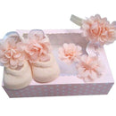 Conjunto 4 Peças Flores (Meia sapatinho + Grampos + Tiara)