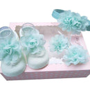 Conjunto 4 Peças Flores (Meia sapatinho + Grampos + Tiara)